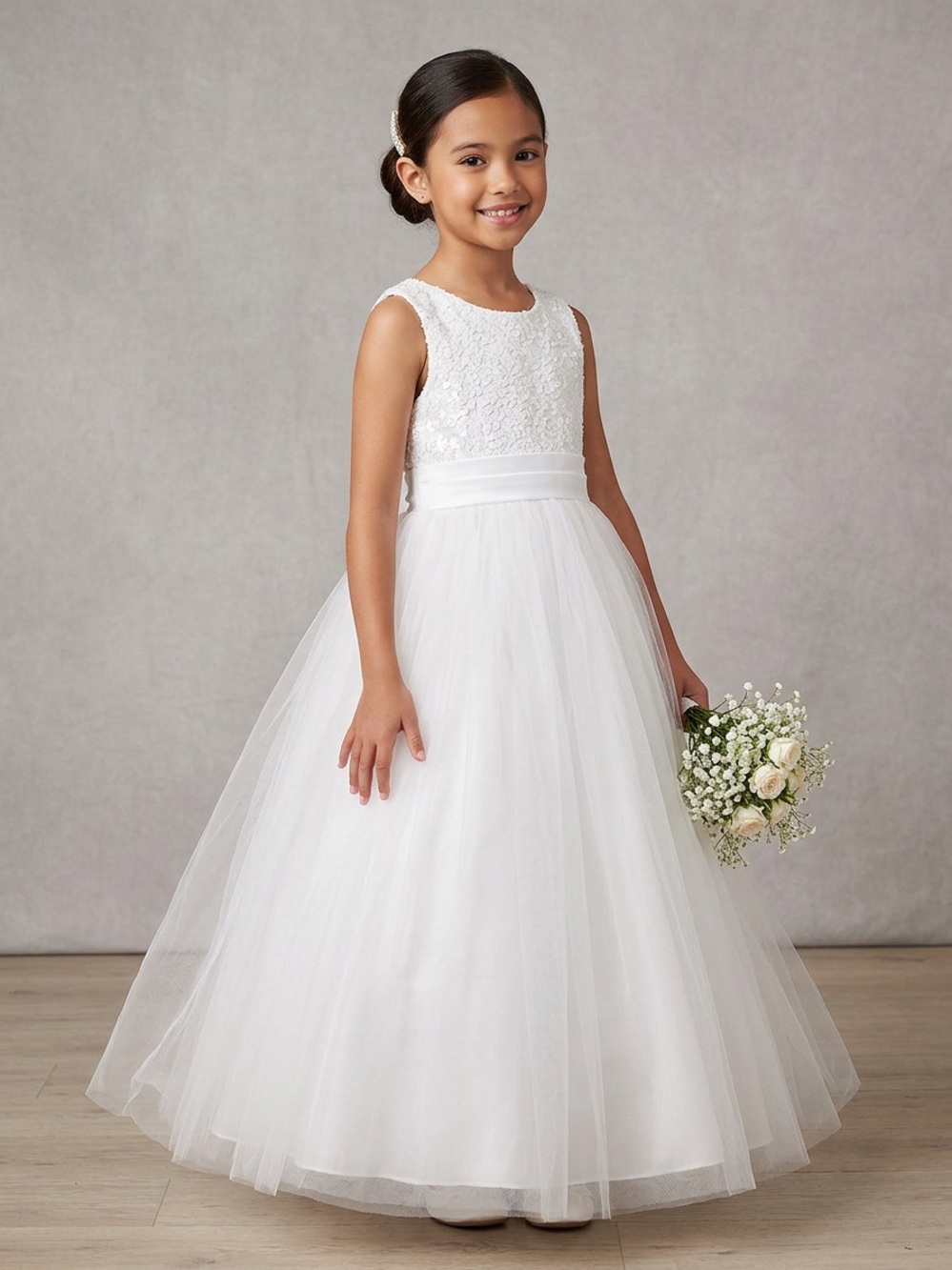 White Flower Girl Tulle Dress for Kids